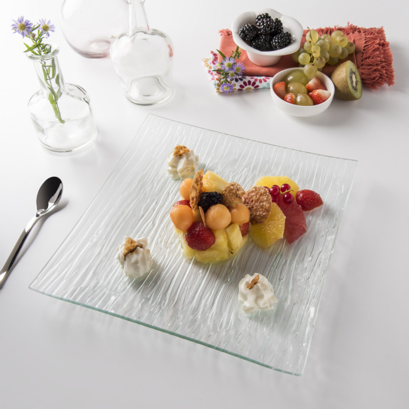 Assiette plate carré transparent verre trempé 26x26 cm Veloutee Pro.mundi