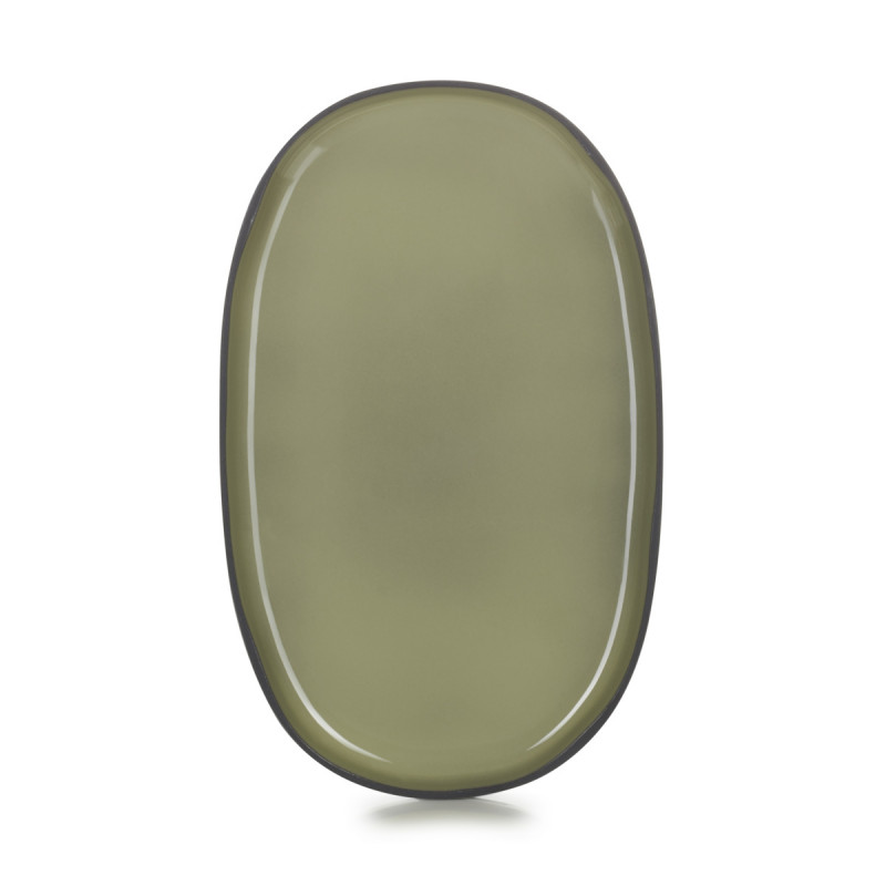 Assiette plate ovale vert porcelaine culinaire 35,5x21,8 cm Caractere Revol